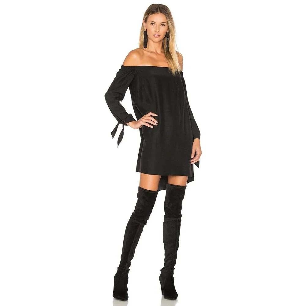 Amanda Uprichard Desiree Black Silk Off Shoulder Tie Sleeves Minimalist Dress S